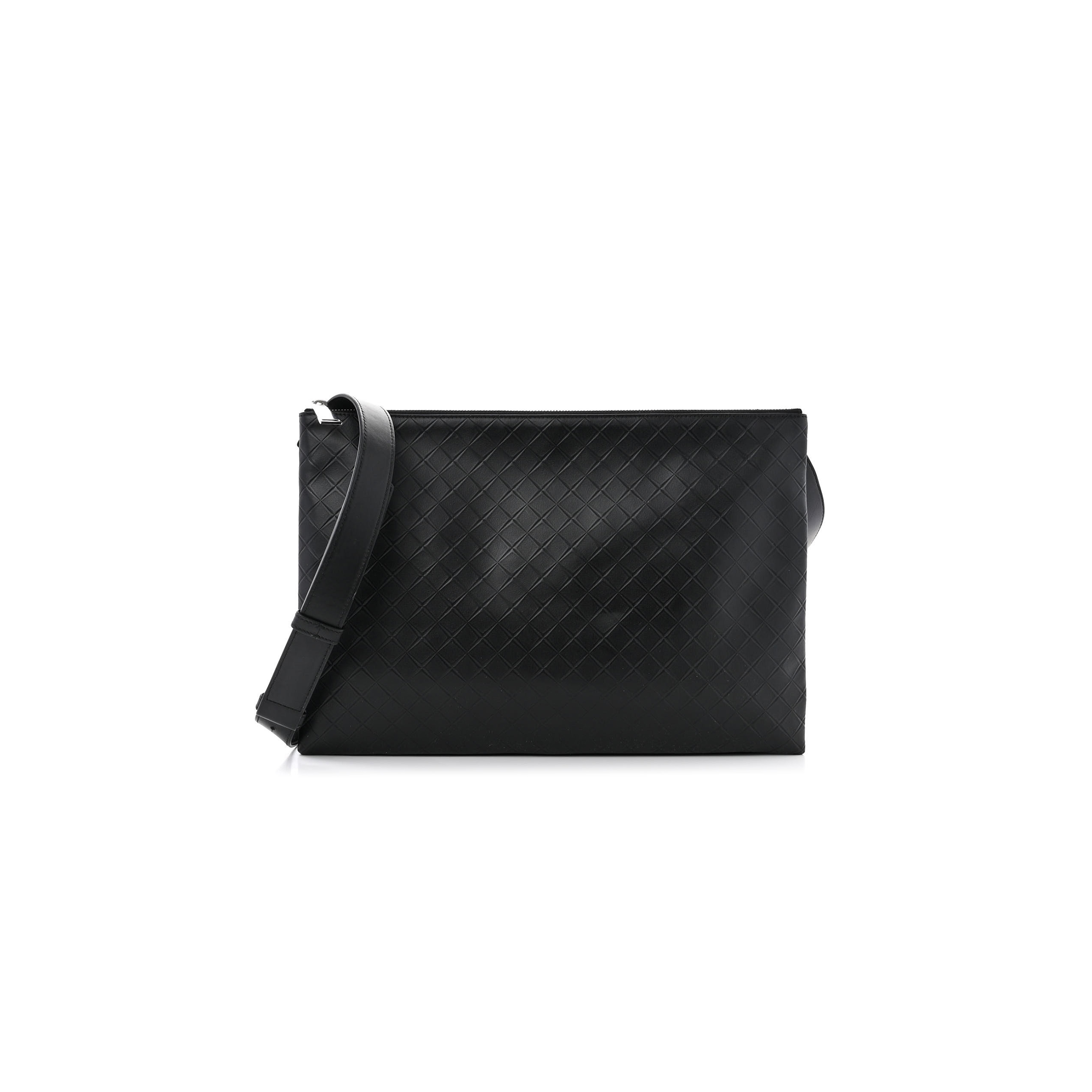 BOTTEGA VENETA INTRECCIATO EMBOSSED TRIPLE ZIP MESSENGER BAG BLACK (38*25*5cm)