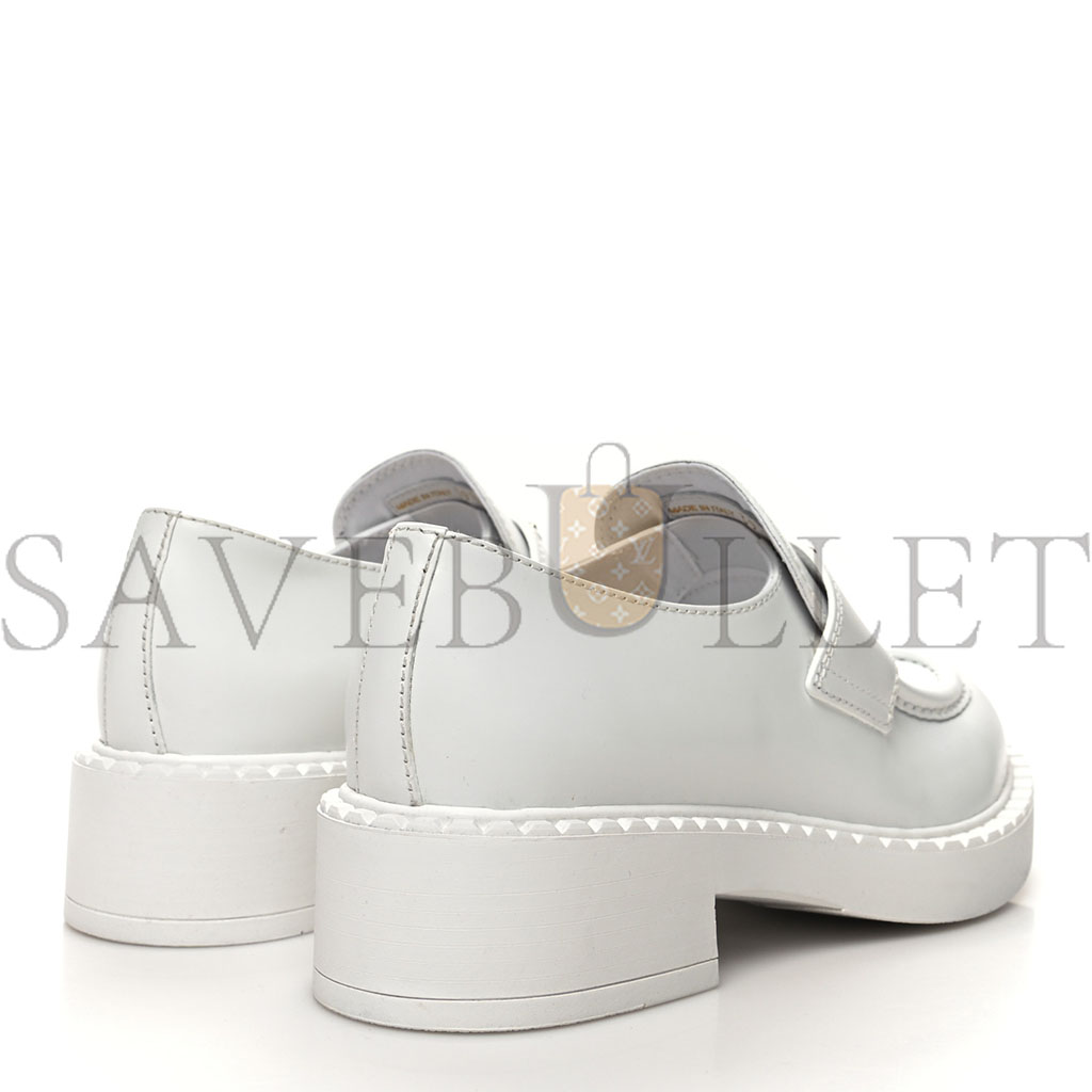 PRADA SPAZZOLATO METAL TRIANGLE LOGO 50MM LOAFERS 39.5 WHITE
