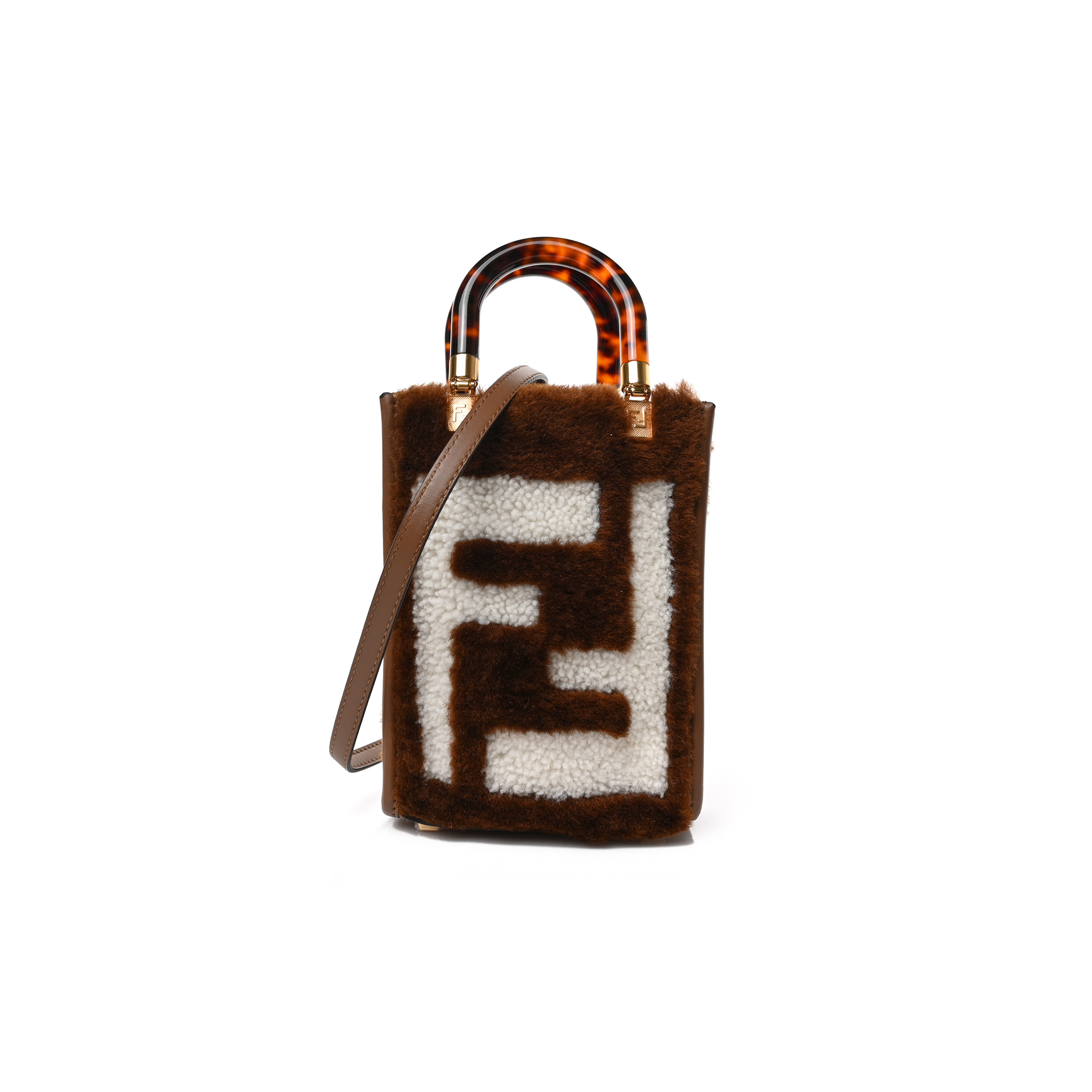 FENDI SHEARLING PLEXIGLASS FF MINI FENDI SUNSHINE SHOPPER TOTE FORRESTA WHITE (18*13*6cm)