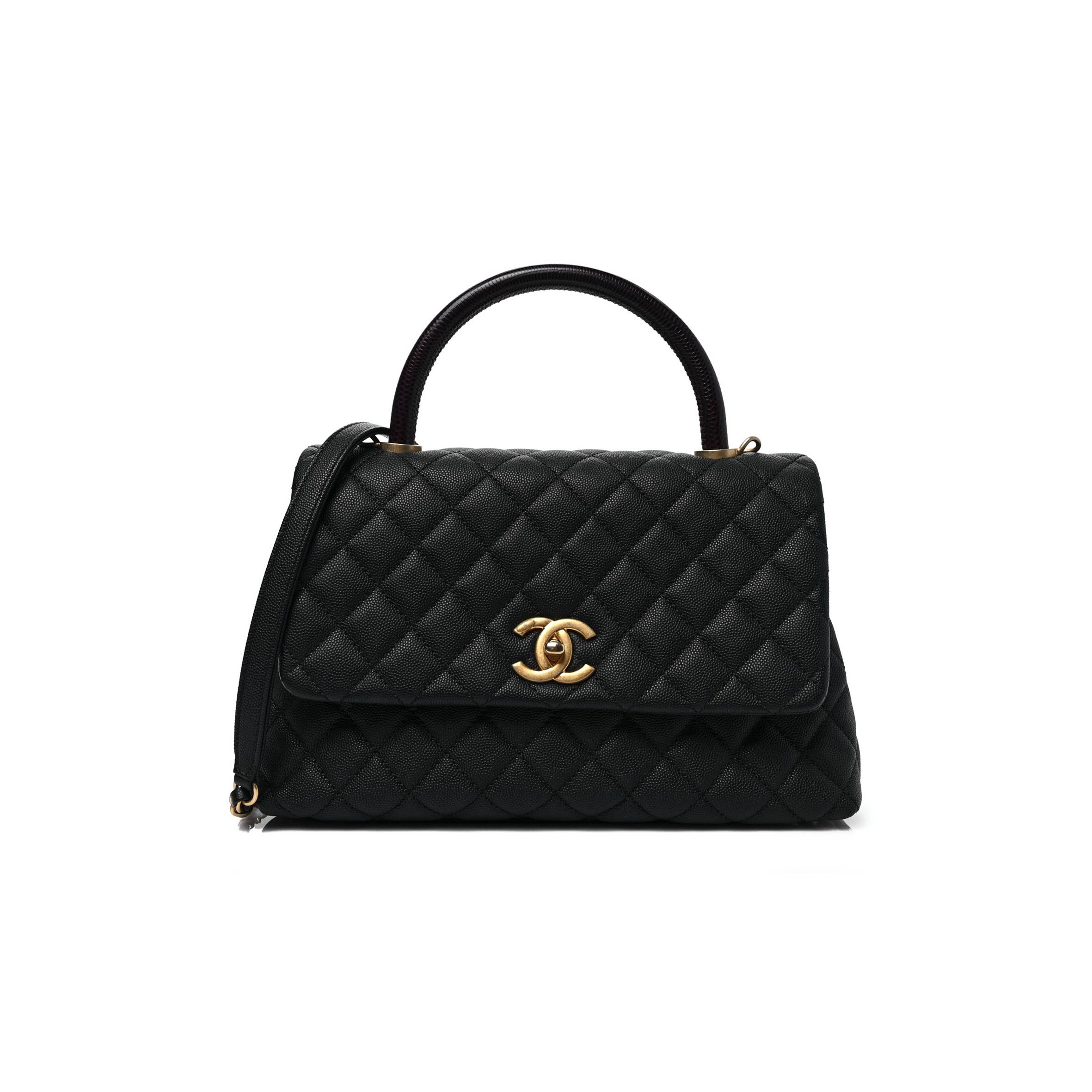 CHANEL CAVIAR LIZARD EMBOSSED QUILTED SMALL COCO HANDLE FLAP BLACK GOLD HARDWARE (29*18*11cm)