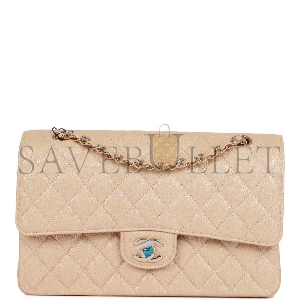 CHANEL MEDIUM CLASSIC DOUBLE FLAP BAG BEIGE IRIDESCENT CAVIAR LIGHT GOLD HARDWARE (25*15*7cm)