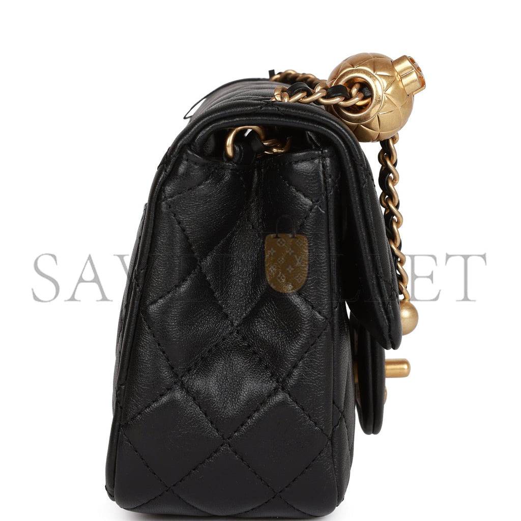 CHANEL PEARL CRUSH MINI SQUARE FLAP BAG BLACK LAMBSKIN ANTIQUE GOLD HARDWARE  (17*14*8cm)