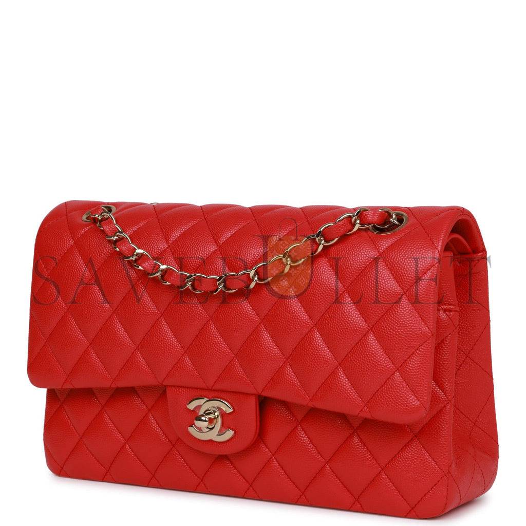 CHANEL MEDIUM CLASSIC DOUBLE FLAP BAG RED CAVIAR LIGHT GOLD HARDWARE (25.5*15.5*6.5cm)