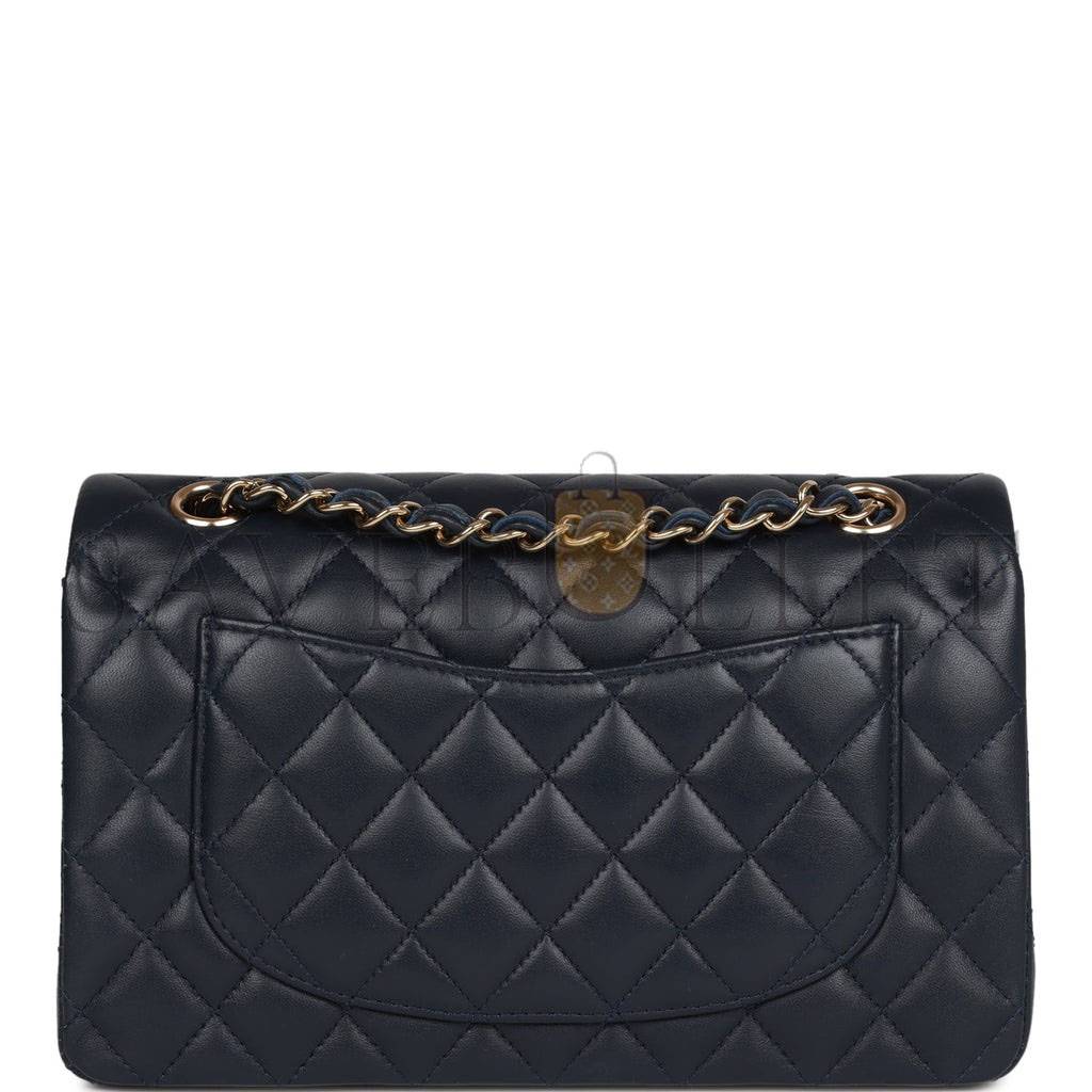 CHANEL SMALL CLASSIC DOUBLE FLAP NAVY LAMBSKIN LIGHT GOLD HARDWARE (23*13*6cm)