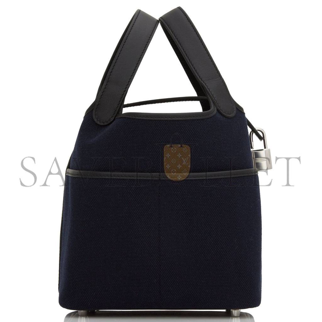 HERMES PICOTIN CARGO 18 BLEU MARINE AND BLACK SWIFT AND TOILE CANVAS PALLADIUM HARDWAR(18*13*18cm)