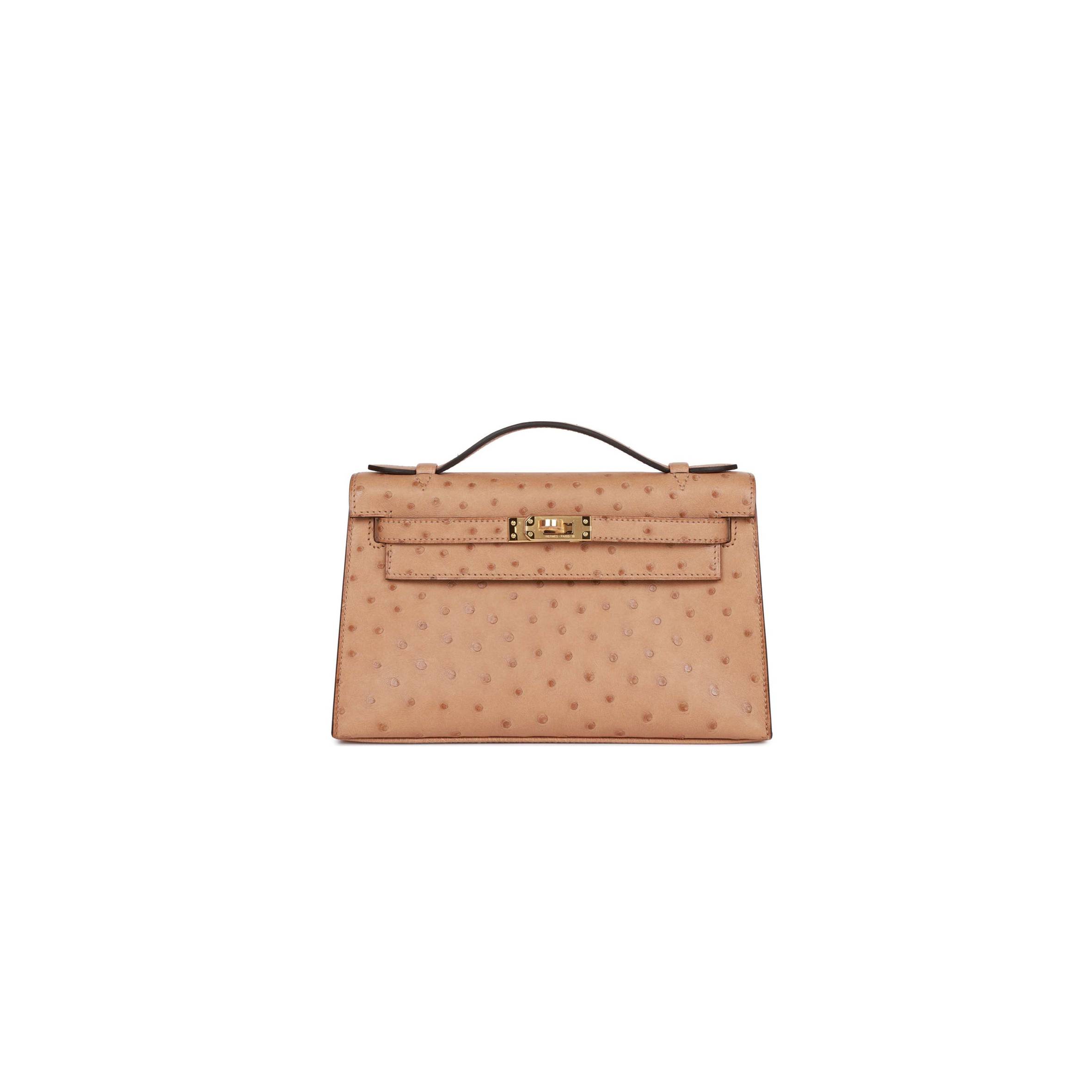 HERMES KELLY POCHETTE CHAI OSTRICH GOLD HARDWARE  (22*12*13cm)