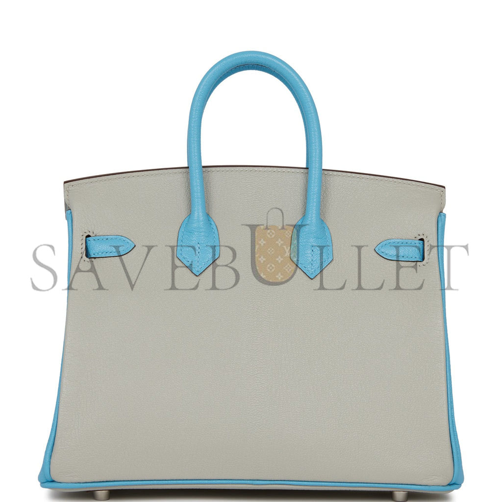 HERMES SPECIAL ORDER (HSS) BIRKIN 25 GRIS PERLE AND BLEU DU NORD CHÈVRE BRUSHED PALLADIUM HARDWARE HANDMADE (25cm)