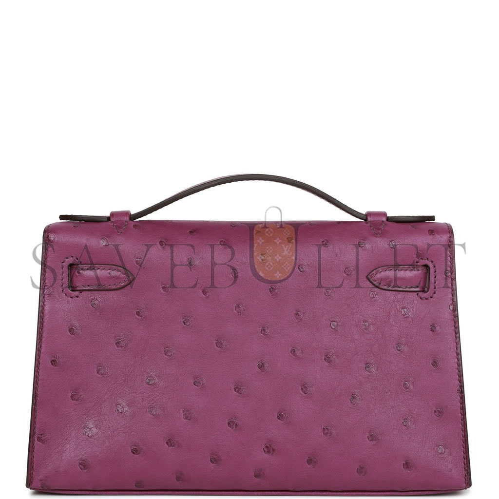 HERMES KELLY POCHETTE ANEMONE OSTRICH PERMABRASS HARDWARE  (22*12*13cm)