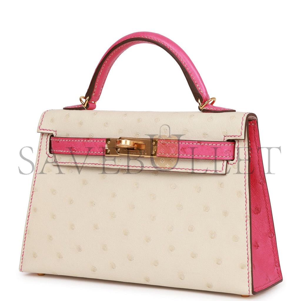 HERMES SPECIAL ORDER (HSS) KELLY MINI SELLIER 20 BETON AND ROSE TYRIEN OSTRICH GOLD HARDWARE (19*12*5.5cm)