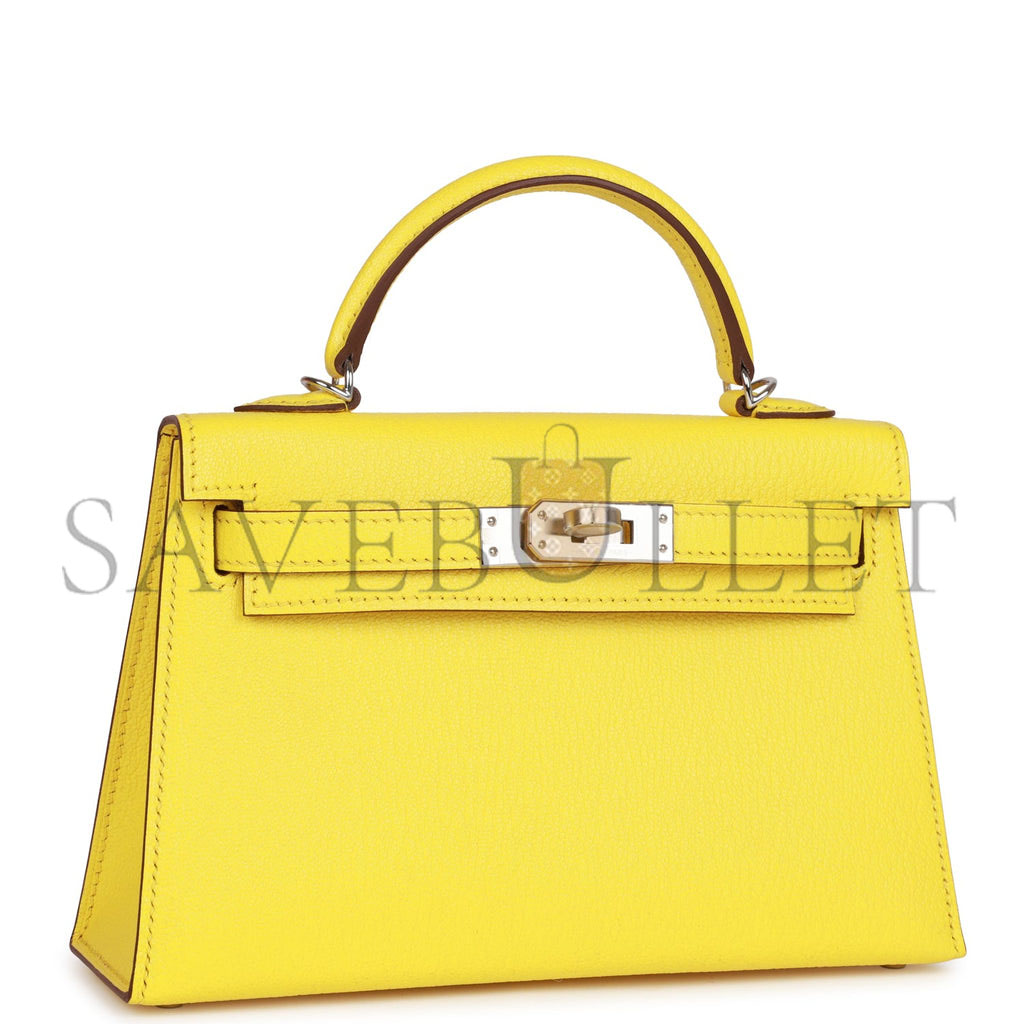 HERMES MINI KELLY SELLIER 20 JAUNE CITRON CHÈVRE PALLADIUM HARDWARE (19*12*5.5cm)