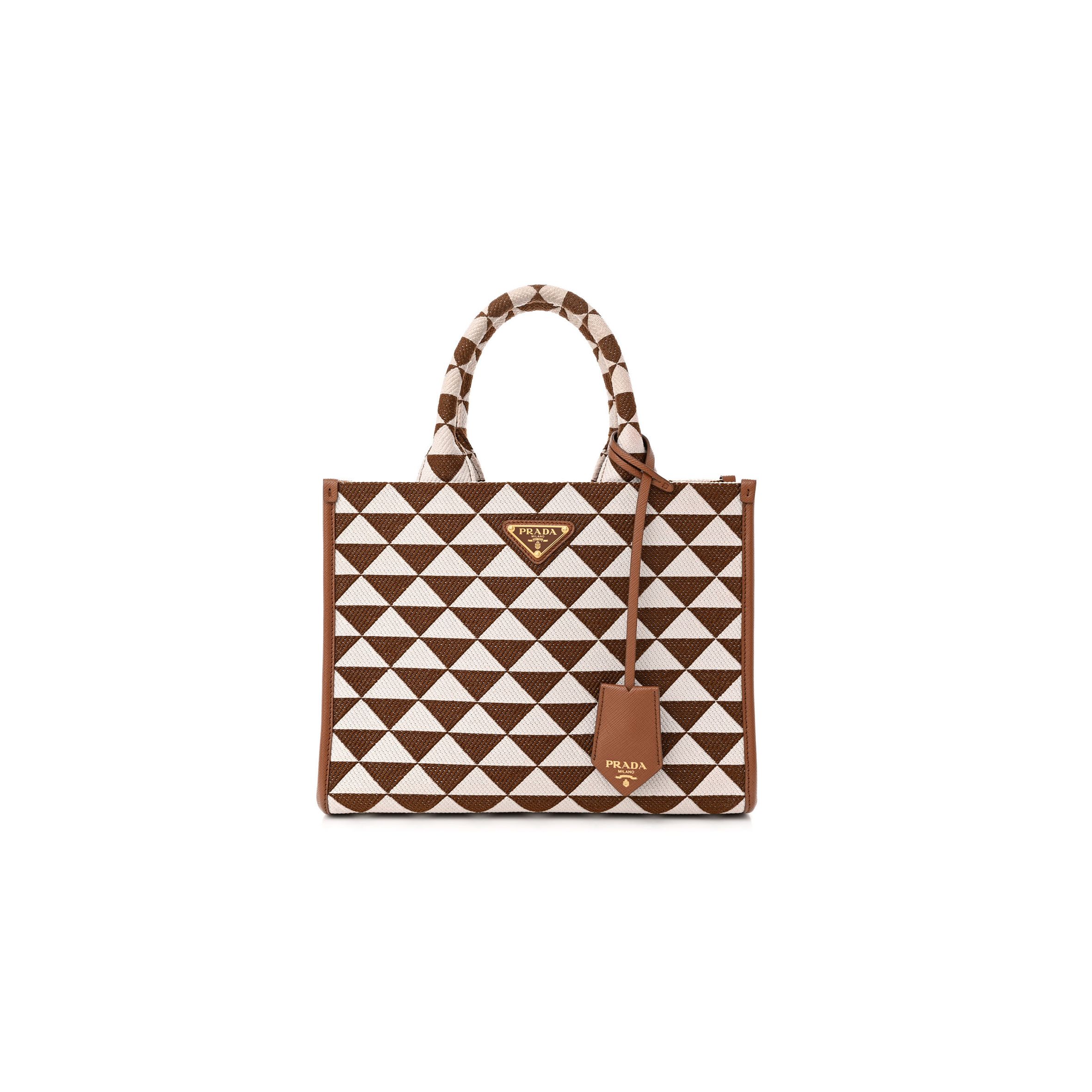 PRADA JACQUARD SAFFIANO TRIANGOLO SYMBOLE EMBROIDERED SMALL TOTE TOBACCO TALCO (28*22*9cm)